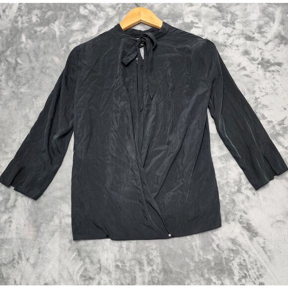 Zara Basic Top Womens M Black Silky Modal Cutout Neckline Tie Wrap Drape Back - Picture 2 of 8